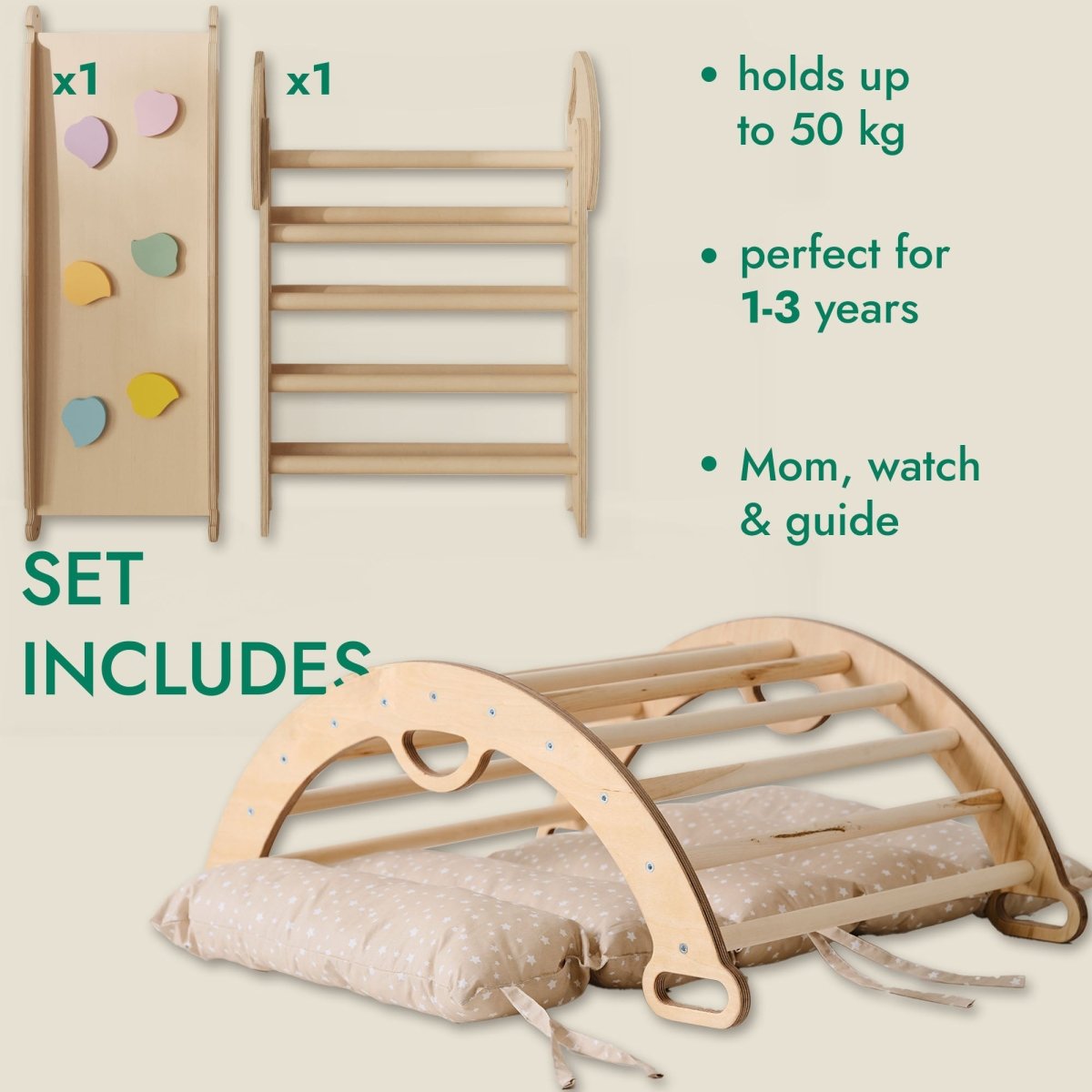 4in1 Montessori Climbing Frame: Pikler Triangle + Arch + Slide Board + Cushion for Toddlers (1–3 Years)