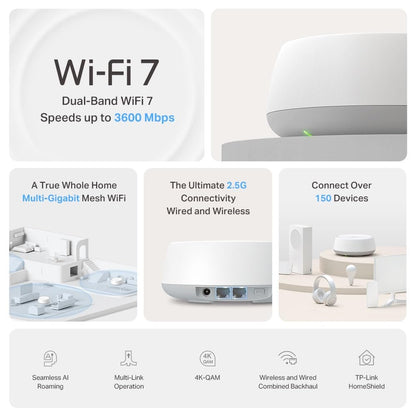 TP-Link Deco 7 BE25 Dual-Band BE5000 WiFi 7 Mesh Wi-Fi System | 4-Stream 5 Gbps, 240 Mhz Channels | Covers up to 4,600 Sq.Ft | 2X 2.5G Ports Wired Backhaul | VPN,MLO, AI-Roaming, HomeShield, 2-Pack 🍁 All In One Marketplace Canada