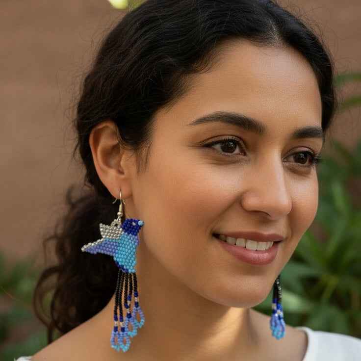 Handmade Beaded Hummingbird Earrings – Turquoise & Black