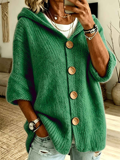 Women's Solid-Color Hooded Button-Down Cardigan Sweater