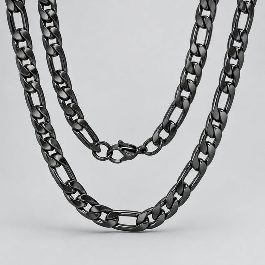 Men’s Black Stainless Steel Double Figaro Chain Necklace