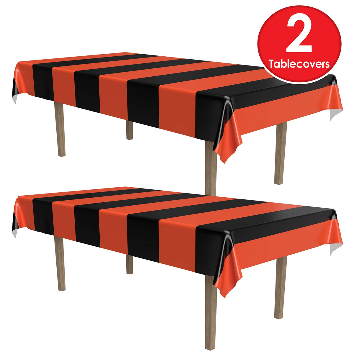 Beistle Orange & Black Stripes Tablecovers, 54” x 108”, Plastic Table Cloth, Rectangular Tablecloth, Holiday Tablecloth, Halloween Plastic Tablecloth, Halloween Decorations, Orange/Black, 2 Pieces