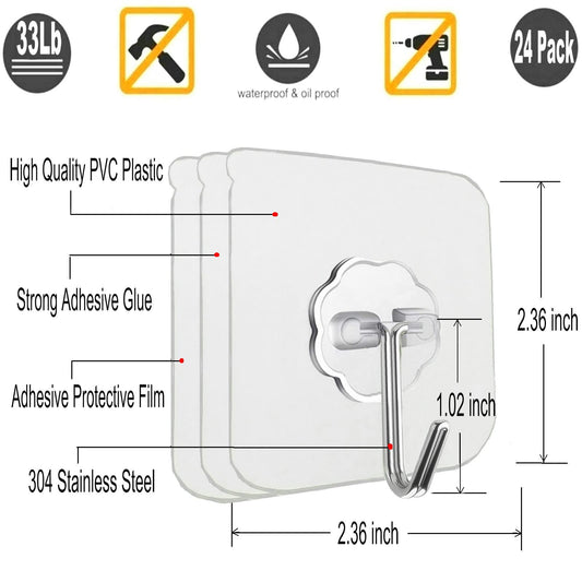 Jwxstore 24 Pack Wall Hooks for Hanging 33lb(Max) Heavy Duty Self Adhesive Hooks Transparent Waterproof Sticky Hooks for Keys Bathroom Shower Outdoor Kitchen Door Home Improvement Utility Hooks 🍁 All In One Marketplace Canada