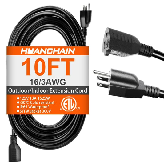 HUANCHAIN 10 FT 16 Gauge Black Indoor Outdoor Extension Cord Waterproof, Flexible Cold Weather 3 Prong Electric Cord Outside, 13A 1625W 125V 16AWG SJTW, ETL Listed 🍁 All In One Marketplace Canada