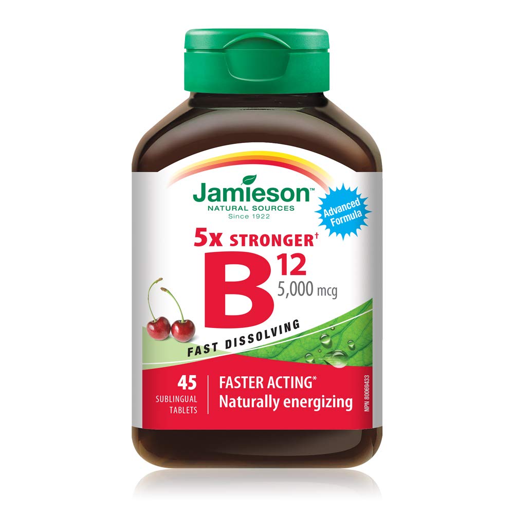 Jamieson Vitamin B12 5,000 mcg Fast Dissolve Sublingual Tablets Natural Cherry Flavour, Methylcobalamin, Supports Energy Production and Metabolism. Vegetarian. Gluten-Free, No Artificial Colours, Flavours, or Preservatives, 45 Count, Proudly Canadian