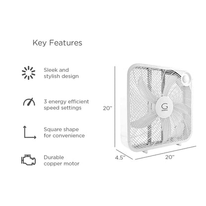 Genesis 20" Box Fan, 3 Settings, Max Cooling Technology, Carry Handle, White (G20BOX-WHT) 🍁 All In One Marketplace Canada
