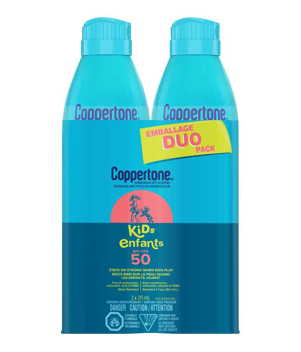 Coppertone Kids Sunscreen Spray SPF 50 Duo Pack, Hypoallergenic Sunscreen for Kids, Water Resistant Face and Body Spray Sunscreen for Children, Octinoxate and Oxybenzone Free, 2 x 215mL 🍁 All In One Marketplace Canada