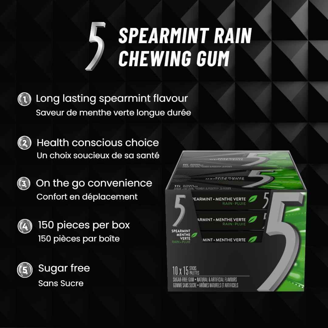 5 GUM, Spearmint-Rain Flavoured Sugar Free Chewing Gum, 15 Sticks, 10 Packs 🍁 All In One Marketplace Canada
