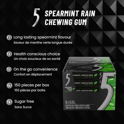 5 GUM, Spearmint-Rain Flavoured Sugar Free Chewing Gum, 15 Sticks, 10 Packs 🍁 All In One Marketplace Canada