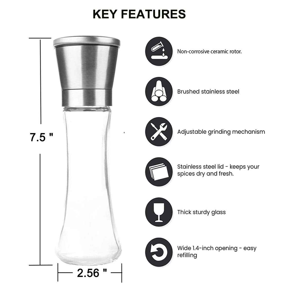 Pepper Grinder or Salt Grinder, Best Spice Mill with Ceramic Blades, Adjustable Coarseness, Brushed Stainless Steel Cap, and Refillable Tall Glass Body with 6OZ Capacity (7.5") 🍁 All In One Marketplace Canada