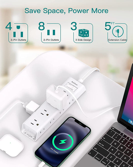 Addtam Flat Plug Power Bar, Ultra Thin Flat Extension Cord with 1050J Surge Protector, 12 Widely AC 3 Sides Multiple Outlets, 5Ft Wall Mount, Desk Charging Station for Home Office Dorm Room Essentials 🍁 All In One Marketplace Canada