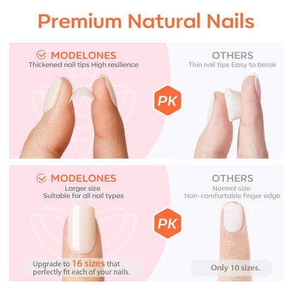 Modelones French Tip Press On Nails, Short Oval Fake Nails Press Ons with Nail Glue, Adhesive Tabs, Nail File, Prep Pad, Manicure Stick, 32Pcs 16 Sizes, Nude, Valentines 🍁 All In One Marketplace Canada