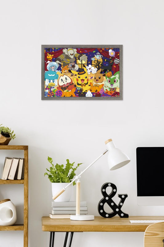 Pokémon: Halloween Party- Group Wall Poster, 22.4L" x 14.7W", Barnwood Framed Version