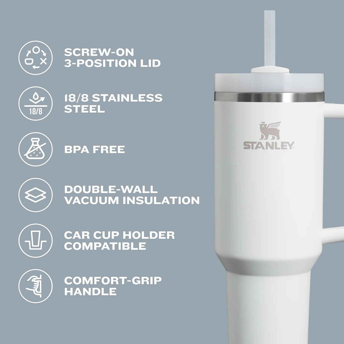 Stanley Quencher H2.0 Tumbler with Handle and Straw 30 oz Flowstate 3-Position Lid Cup Holder Compatible for Travel Insulated Stainless Steel Cup BPA-Free Cream Royal 🍁 All In One Marketplace Canada