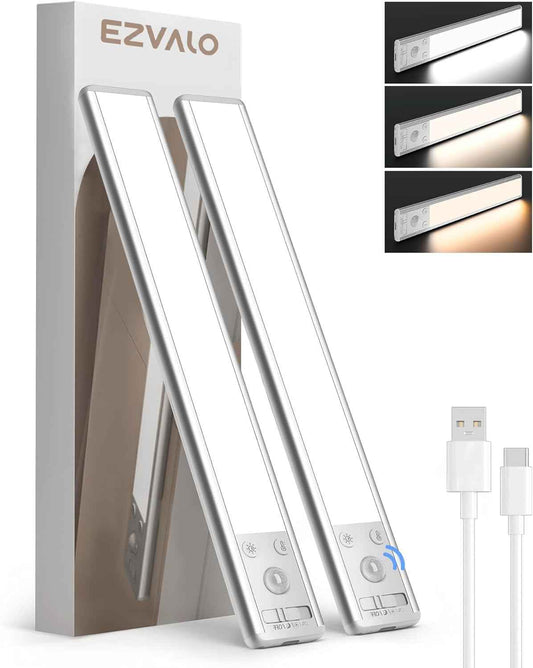 EZVALO 10inch Under Cabinet Lighting, 2500mAh Rechargeable Motion Sensor Lights Indoor with 3 Color Temps, 2 Pack Magnetic Closet Light, 80 LED Dimmable Under Counter Lights for Kitchen, Shelf, Stair 🍁 All In One Marketplace Canada