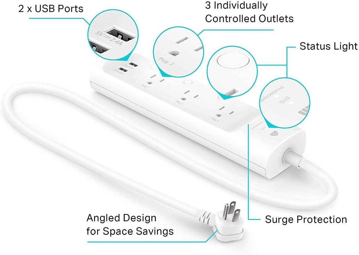 Kasa Smart Plug Power Strip by TP-Link (KP303) - Surge Protector with 3 Smart Outlets and 2 USB Ports, Works with Alexa Echo and Google Home, 2.4 Ghz Wifi Required, No Hub Required 🍁 All In One Marketplace Canada