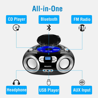 MEGATEK Portable CD Player Boombox with FM Radio, Bluetooth, USB Port, AUX Input, and Headphone Jack – CD-R/CD-RW/MP3-CD Compatible, Clear Stereo Sound, Backlit LCD Display – Black 🍁 All In One Marketplace Canada