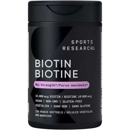 Sports Research® Max Strength Vegan Biotin 10,000mcg with Organic Coconut Oil - Helps to Maintain Healthy Hair, Nails and Skin - Great for Women & Men - 120 Veggie Softgels 🍁 All In One Marketplace Canada