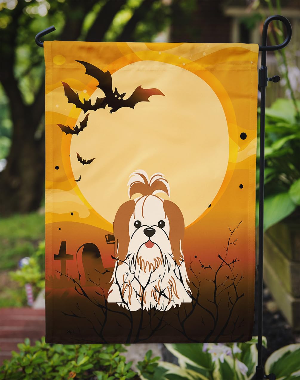 Caroline's Treasures BB4353GF Halloween Shih Tzu Red White Flag Garden Size, Small, Multicolor