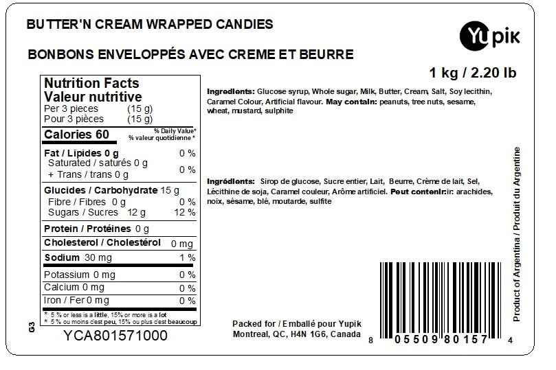 Yupik Butter'n Cream Candies, 1 kg, Individually Wrapped, Hard Candy, Rich & Creamy Butter Toffees, Sweet Flavor, Delicious Snacks, Ideal for Gifting, Halloween & Holidays