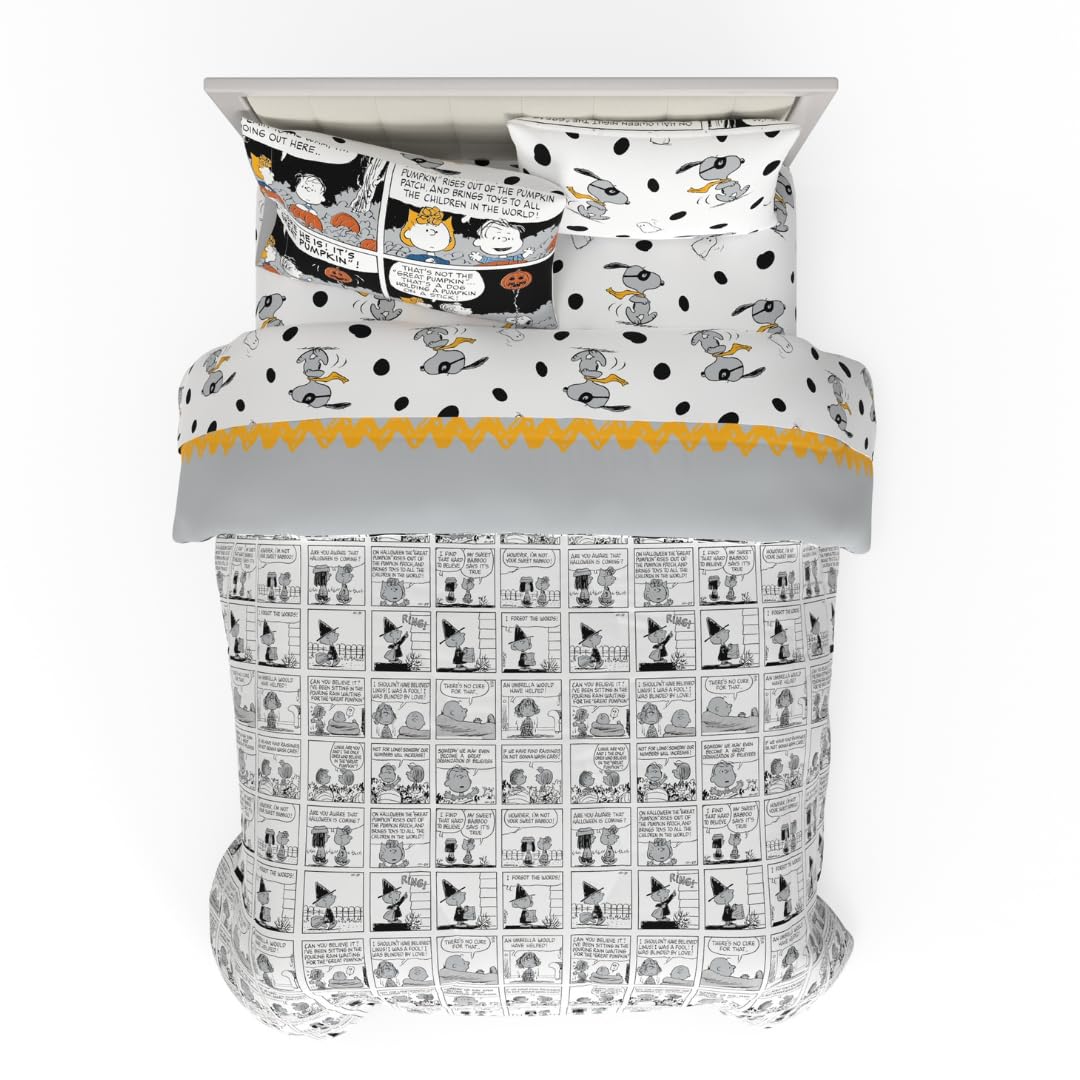 Peanuts Halloween Queen Bed Set – Super Soft & Cozy 5 Piece Reversible Comforter and Sheet Set Featuring Snoopy & Charlie Brown, (Official Peanuts® Product) by Franco