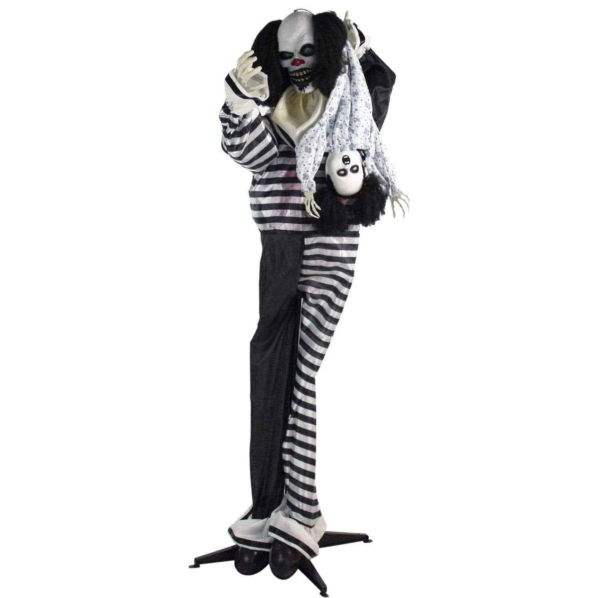 Haunted Hill Farm Life-Size Animatronic Scary Talking Clown with Doll, Motion, Touch Activated Lights, and Sounds, Indoor or Covered Outdoor Halloween Decorations, Battery Operated Halloween Props