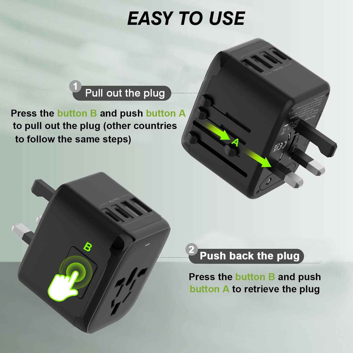 RXSQUL Universal International Power Travel Plug Adapter, 5 in 1 European Travel Plug Adapter W/ 3.5A 2xUSB-A And 2xUSB C Wall Charger and Worldwide AC Outlet for Europe USA UK AUS Asia-Black 🍁 All In One Marketplace Canada