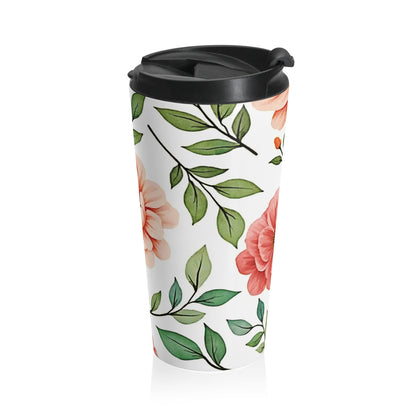 Peach Floral Pattern Stainless Steel Travel Mug | Botanical Leaves - AURABAGS SHOP
