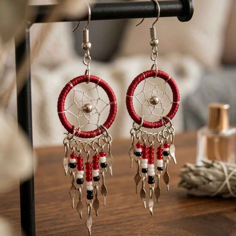 OLDTRIBES™ burgundy beaded dream catcher earrings