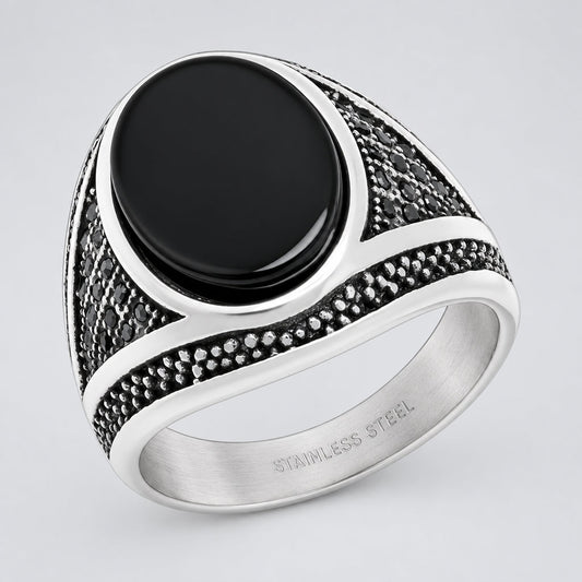 Men’s Stainless Steel Oval Black Stone Signet Ring. Biker Style with Textured Detail