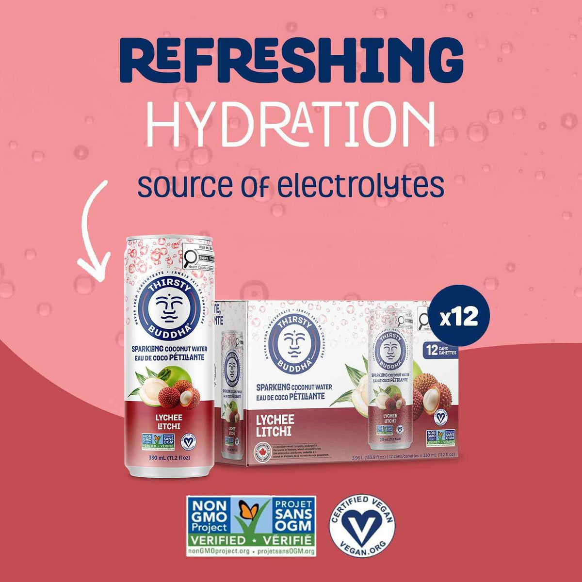 THIRSTY BUDDHA Sparkling Coconut Water with Lychee, No Added Sugar, Pure Coco Drink, Natural Fruit Flavour, Electrolyte & Nutrient-Rich, 12 Pack, (12/330ml) 🍁 All In One Marketplace Canada