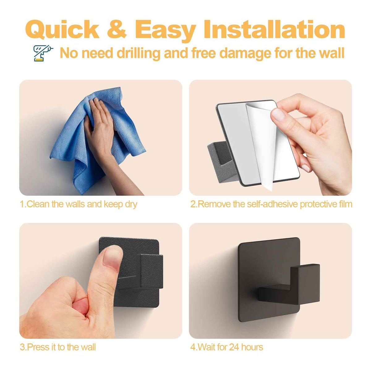 PMMASTO Black 4 Pack Self Adhesive Wall Hooks for Hanging, Stick On Wall Hanger Hook for Shower, Robe, Hat - Aluminium 🍁 All In One Marketplace Canada