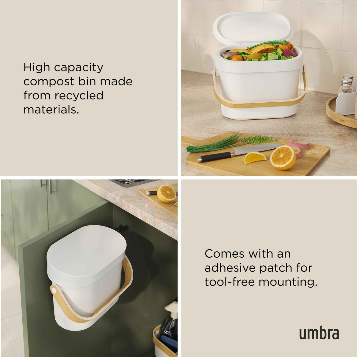 Umbra Bellwood Kitchen Compost Bin – White/Natural, Countertop or Cabinet Mounted, 4L Compost Container with Hidden Bag Retainer, BPA-Free & Dishwasher Safe| Bellwood Collection 🍁 All In One Marketplace Canada