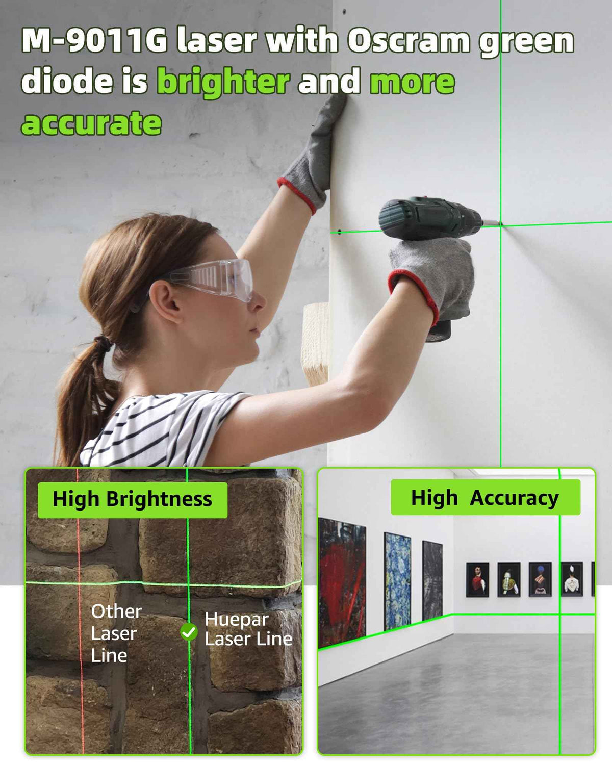 Huepar Laser Level Self Leveling, Classical Cross Line Indoor DIY Use Green Lines, 100Ft Visibility Horizontal and Vertical Line Level, 360° Magnetic Pivoting Base 9011G 🍁 All In One Marketplace Canada