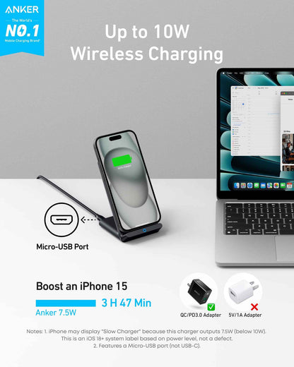 Anker 313 Wireless Charger (Stand), Qi-Certified for iPhone 15/14 / 13/12 / 11 / X / 8, 10W Max for Galaxy S23 / S22 / S21, Micro-USB (9V / 2A Adapter Required, Not Included) 🍁 All In One Marketplace Canada