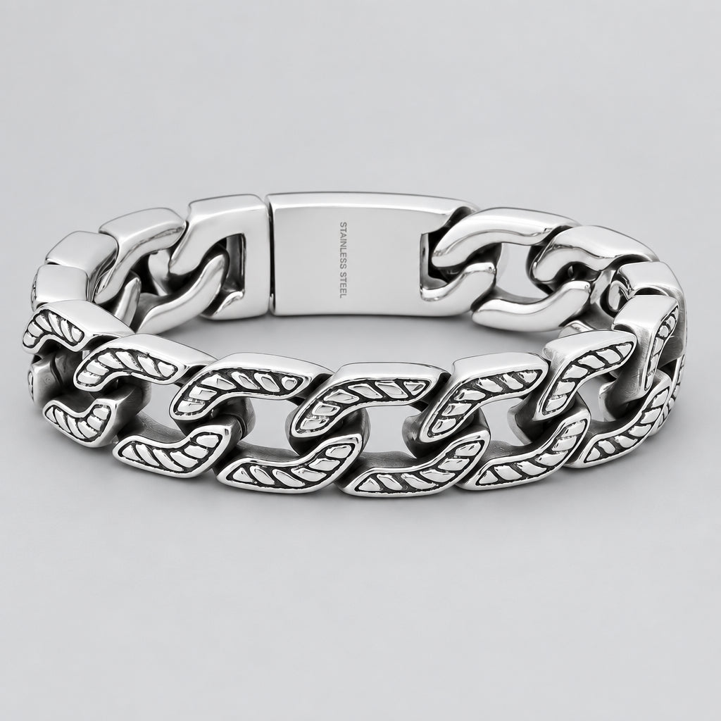 Men’s Heavy Stainless Steel Cuban Link Bracelet. Oxidized Chevron Accent Biker Chain