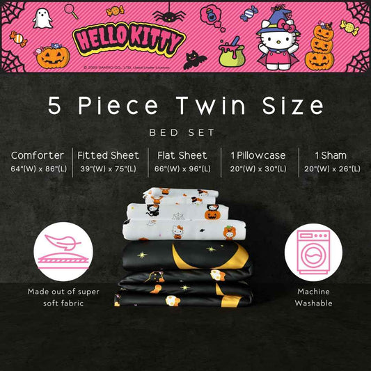 Sanrio Hello Kitty Halloween Pumpkin Twin Bed Set – Super Soft & Cozy 4 Piece Reversible Comforter and Sheet Set (Officially Licensed Product) by Franco
