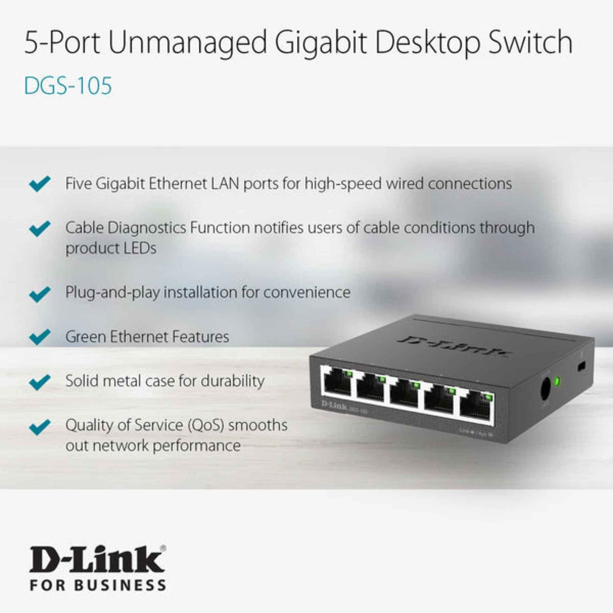 D-Link DGS-105, 5 Port Gigabit Ethernet Switch Unmanaged, Network Splitter, Silent Fanless, Network Hub, Sturdy Metal with Shielded Ports, Desktop/Wall Mount, QoS, Energy Saving, Plug and Play 🍁 All In One Marketplace Canada