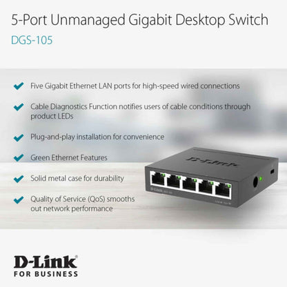 D-Link DGS-105, 5 Port Gigabit Ethernet Switch Unmanaged, Network Splitter, Silent Fanless, Network Hub, Sturdy Metal with Shielded Ports, Desktop/Wall Mount, QoS, Energy Saving, Plug and Play 🍁 All In One Marketplace Canada