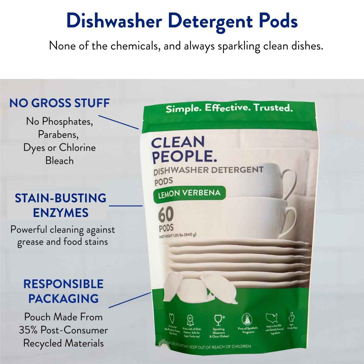 Clean People All Natural Dishwasher Pods - Cuts Grease & Rinses Sparkling Clean - Residue-Free - Phosphate Free Dishwashing Pods - Fragrance Free, 60 Pack 🍁 All In One Marketplace Canada