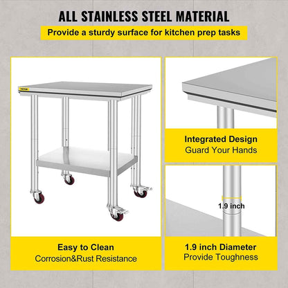 VEVOR Stainless Steel Work Table with Wheels 24 x 30 Prep Table with casters Heavy Duty Work Table for Commercial Kitchen Restaurant Business 🍁 All In One Marketplace Canada