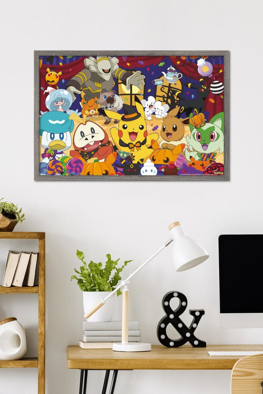 Pokémon: Halloween Party- Group Wall Poster, 34L" x 22.4W", Barnwood Framed Version