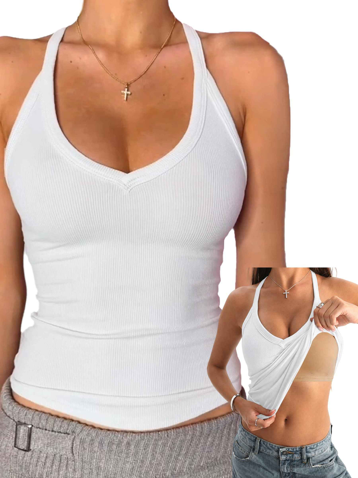 Danysu V Neck Cotton Tank Tops with Built-in Shelf Bra Sleeveless Racerback Fitted Basic Cami Shirts Bright White M 🍁 All In One Marketplace Canada