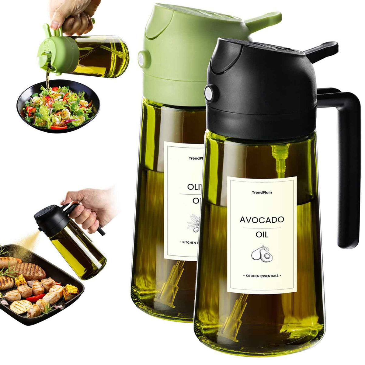 TrendPlain 470ml Olive Oil Dispenser Bottle for Kitchen Gadgets - 2 in 1 Dispenser and Sprayer - Olive Oil Spray Bottle w/Stickers (Light Blockage) - BPA Free - Black&Green 🍁 All In One Marketplace Canada