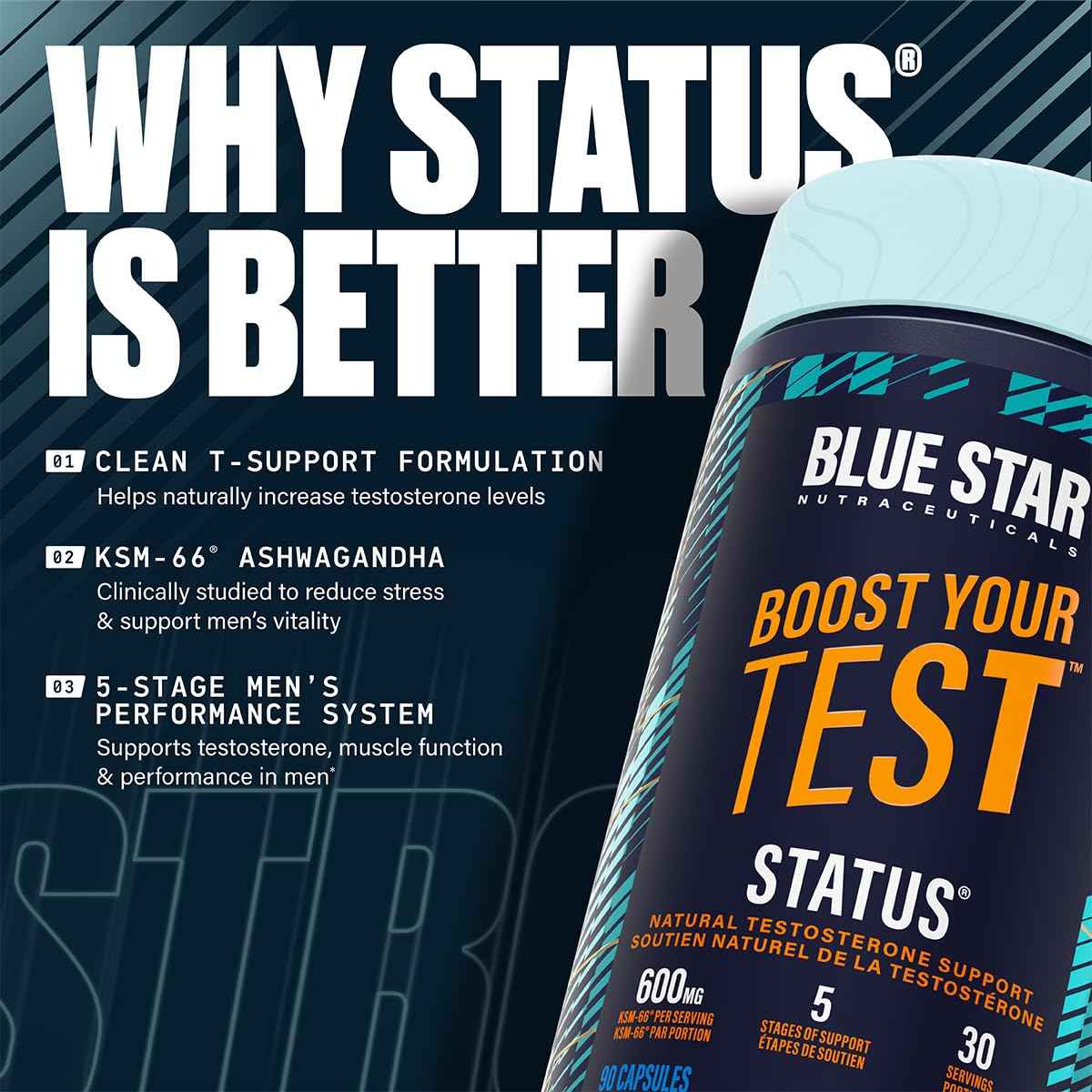 Blue Star Nutraceuticals Status - Natural Testosterone Support, Helps Increase Testosterone Levels & Muscle Strength, Clinically Researched Ingredients, 90 Veggie Caps, 30 Day Supply (NPN 80083809) 🍁 All In One Marketplace Canada