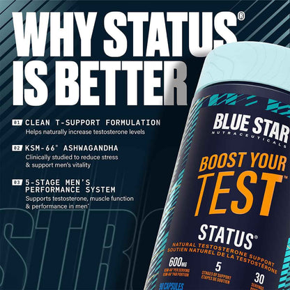 Blue Star Nutraceuticals Status - Natural Testosterone Support, Helps Increase Testosterone Levels & Muscle Strength, Clinically Researched Ingredients, 90 Veggie Caps, 30 Day Supply (NPN 80083809) 🍁 All In One Marketplace Canada