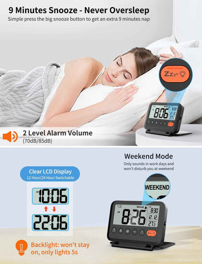 MeesMeek Digital Travel Alarm Clock: Small Bedside LCD Clock with Date Temperature Snooze Backlight 12/24H Weekend Mode and 2 Volume, Desk Clock for Kids Office Bedroom, Battery Included (Black) 🍁 All In One Marketplace Canada