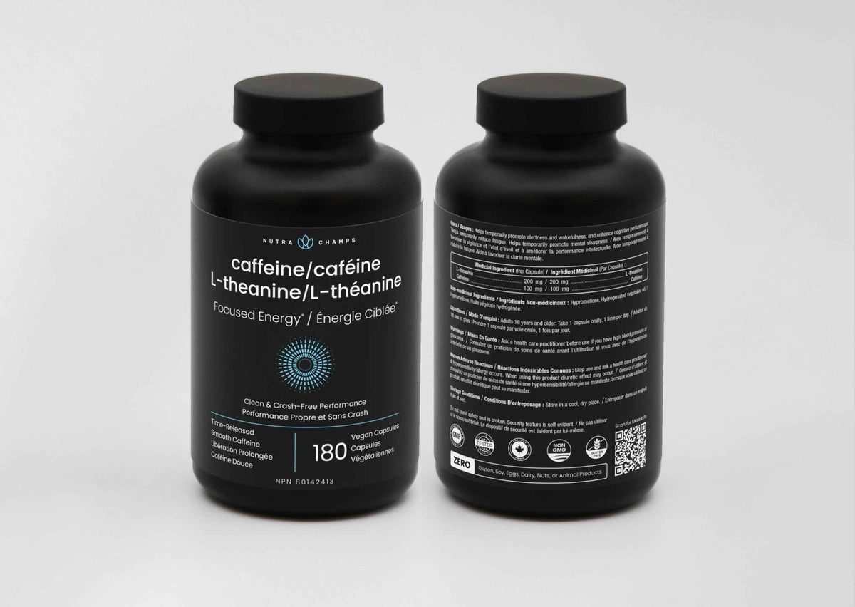Caffeine Pills with L-Theanine - 180 Energy Pills for Women & Men - Clean & Long-Lasting Focused Energy - Sustained Release 100mg Caffeine + 200mg L Theanine - No Crash Capsules, Vegan Supplement 🍁 All In One Marketplace Canada