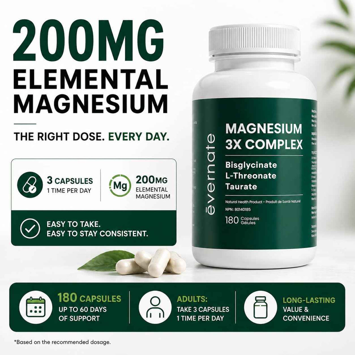 ALL-IN-ONE Magnesium Complex – Magnesium Glycinate (Bisglycinate) Chelated, L-Threonate & Taurate (200mg Elemental per Daily Dose) – Sleep, Stress, Muscle & Heart Support – High Absorption Magnesium Supplement – 180 Vegan Capsules – Made in Canada