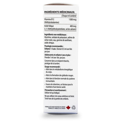 GNA Naturals Kids Vitamin B12 with Folate Supplement, 60ml - VitaminB12 Methylcobalamin 1000 mcg - Liquid Drops for Kids - Cherry Flavour- Methyl B12 Folate Supplement - Vitamin-B12-Complex – Vegan – For energy, metabolism and supports memory– Made in Can